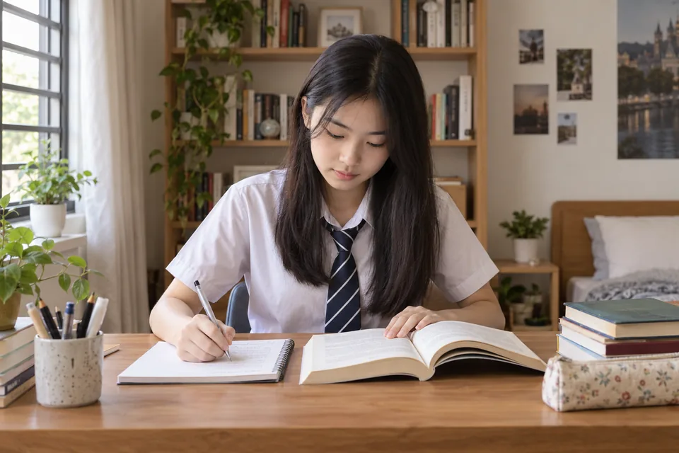 Student studying IGCSE English materials at a desk.